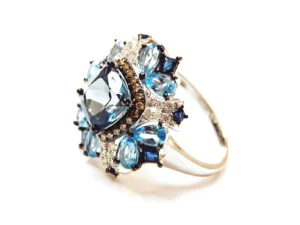 14k arany gyűrű kék topázzal és gyémántokkal – elegáns marquise forma, 58 as méret
