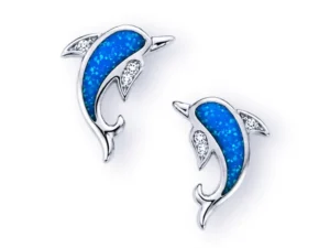 kék opállal foglalt ezüst delfin formájú fülbevaló